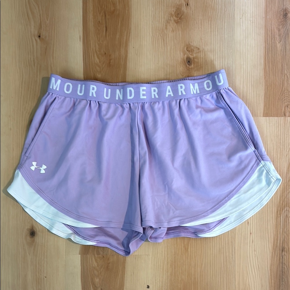 Under Armour Play Up 3.0 Shorts Lavendar/White Loose Fit Heatgear Women Sz XXL